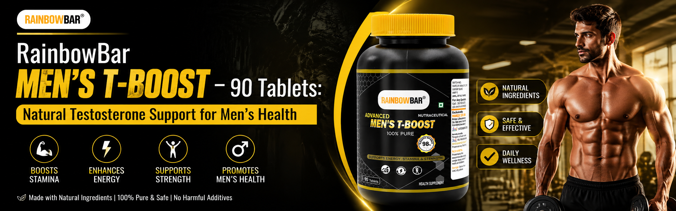 RanbowBar Men's T-Boost – 90 Tablets: Natural Testosterone Support for Men’s Health